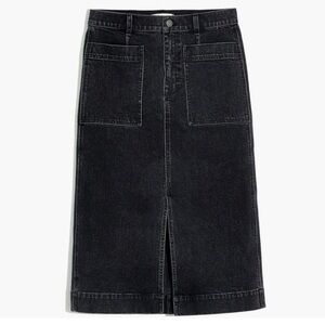 Madewell Stretch Denim Slit Straight Midi Skirt in Cadman Wash.